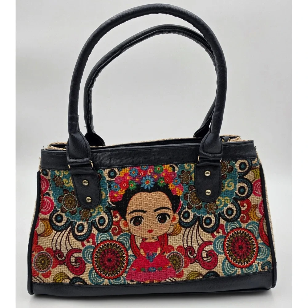 Frida Kahlo Woven Tapestry Satchel Bag Navy Blue Faux Leather Crossbody Handbag